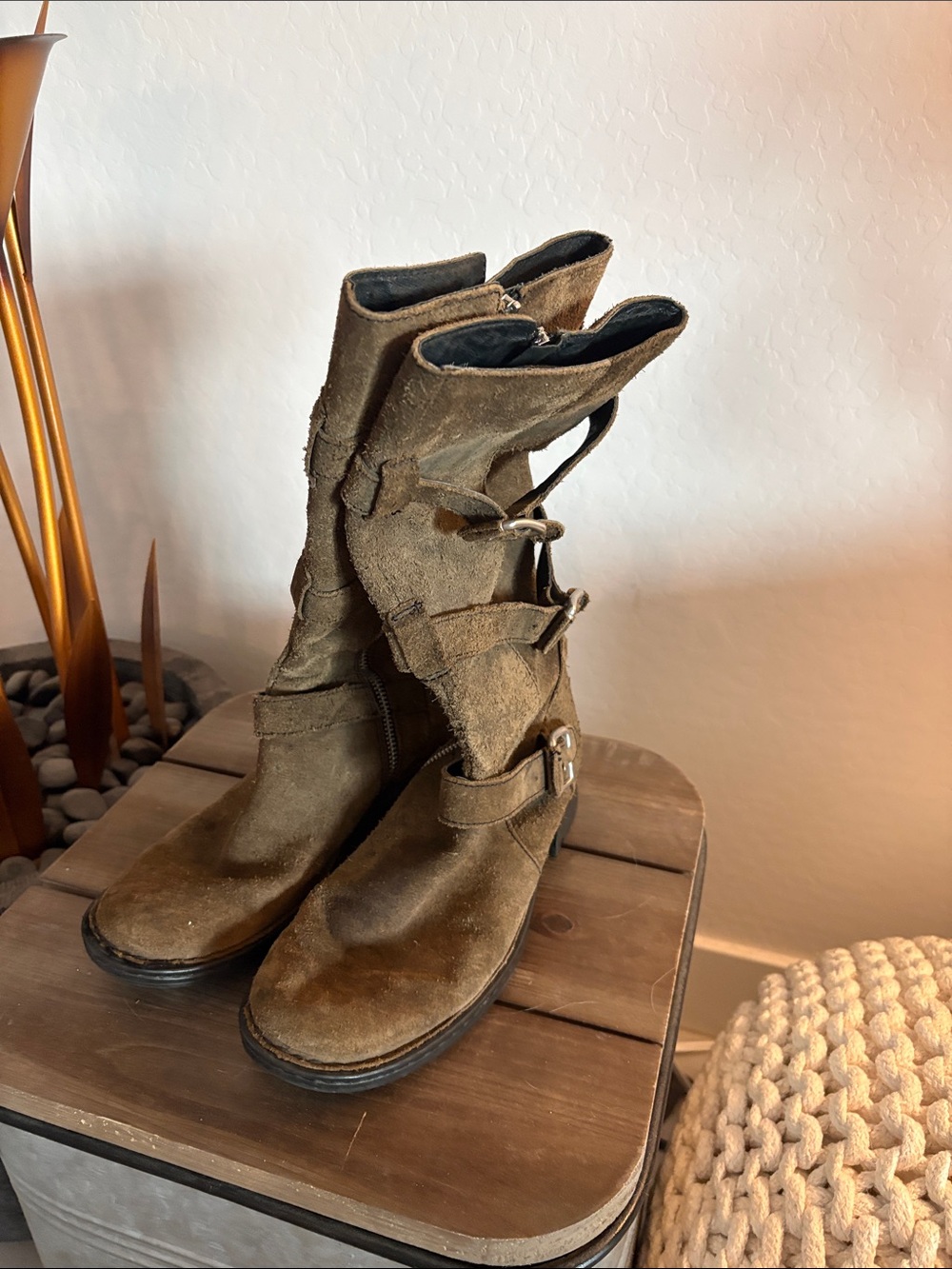 Born Olive Brown Suede Mid-Calf Buckle Moto Boots